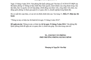 Công văn 3056/VP-HC 2014 đính chính Thông tư 14/2014/TT-BQP