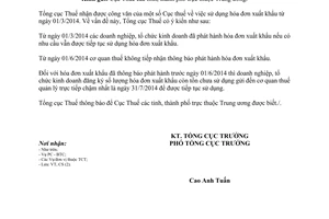Công văn 1412/TCT-CS sử dụng hóa đơn xuất khẩu từ ngày 01/03/2014