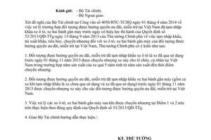 Công văn 555/TTg-KTTH 2014 đối tượng hưởng quyền ưu đãi miễn trừ tạm nhập xe trước 01/11/2013