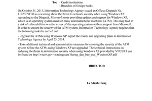 Official Dispatch No. 374/CNTH8 checking the ATMs using Windows XP