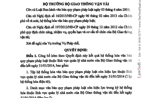Quyết định 1291/QĐ-BGTVT năm 2014 văn bản pháp luật thuộc Bộ Giao thông vận tải quản lý