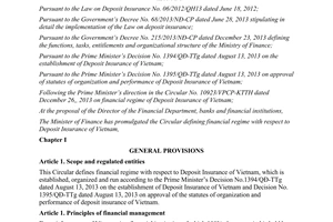 Circular No. 41/2014/TT-BTC defining financial regulations with respect to deposit insurance of Vietnam
