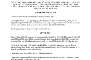 Quyết định 495/QĐ-TTg năm 2014 điều chỉnh 2405/QĐ-TTg xã đặc biệt khó khăn chương trình 135