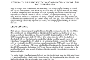 Thông báo 154/TB-VPCP kết luận Thủ tướng tại buổi làm việc với lãnh đạo Khánh Hòa 2014