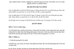 Quyết định 751/QĐ-BTC nhiệm vụ quyền hạn cơ cấu tổ chức Vụ Chế độ kế toán Kiểm toán 2014