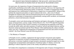 Directive No. 08/CT-TTg 2014 solutionsto improve the quality in inspection of means of transportation