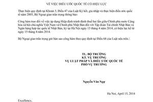 Thông báo hiệu lực Công hàm áp dụng Hiệp định tránh đánh thuế hai lần Việt Nam Nhật Bản