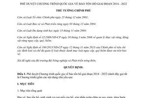 Quyết định 539/QĐ-TTg năm 2014  bảo tồn hổ giai đoạn 2014 - 2022