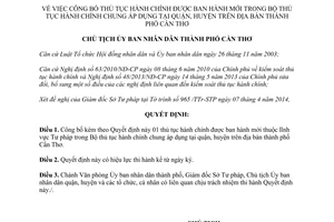 Quyết định 1061/QĐ-UBND năm 2014 công bố thủ tục hành chính chung áp dụng quận huyện Cần Thơ