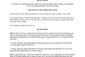 Quyết định 726/QĐ-UBND 2014 sửa đổi danh mục thủ tục hành chính Sở Khoa học Thừa Thiên Huế