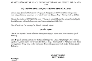 Quyết định 454/QĐ-LĐTBXH Tháng hành động vì trẻ em năm 2014