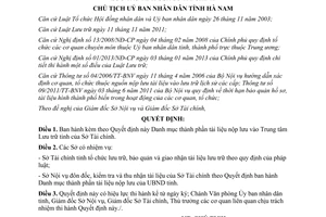Quyết định 372/QĐ-UBND thành phần tài liệu nộp lưu trung tâm lưu trữ tỉnh Hà Nam 2014