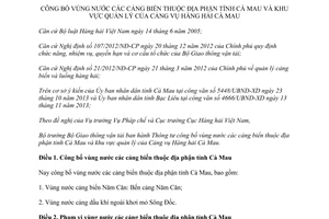 Thông tư 09/2014/TT-BGTVT vùng nước cảng biển thuộc Cà Mau khu vực quản lý Cảng vụ Hàng hải