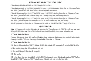Quyết định 1104/QĐ-UBND 2014 phương thức tuyển sinh Trung học cơ sở phổ thông 2014-2015 Vĩnh Phúc