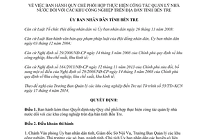 Quyết định 09/2014/QĐ-UBND phối hợp quản lý nhà nước đối với khu công nghiệp Bến Tre