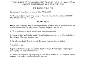 Quyết định 580/QĐ-TTg 2014 hỗ trợ giống chuyển trồng lúa sang cây màu Đồng bằng sông Cửu Long