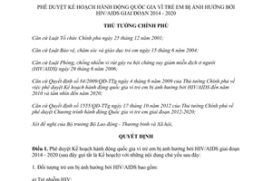 Quyết định 570/QĐ-TTg hành động quốc gia vì trẻ em ảnh hưởng HIV/AIDS giai đoạn 2014-2020