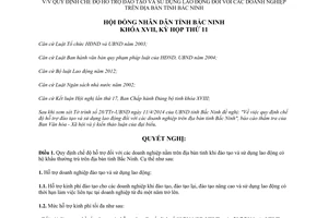 Nghị quyết 129/2014/NQ-HĐND17 chế độ hỗ trợ đào tạo sử dụng lao động doanh nghiệp Bắc Ninh