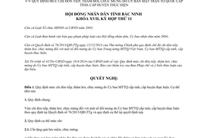 Nghị quyết 133/2014/NQ-HĐND17 mức chi đón tiếp thăm hỏi chúc mừng Uỷ ban Mặt trận Tổ quốc Bắc Ninh