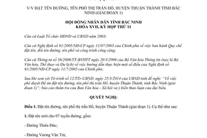 Nghị quyết 134/2014/NQ-HĐND17 đặt tên đường phố thị trấn Hồ Bắc Ninh