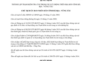 Quyết định 847/QĐ-UBND 2014 thành lập Trạm kiểm tra tải trọng xe lưu động Bà Rịa Vũng Tàu