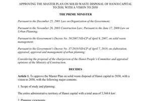 Decision No. 609/QD-TTg dated 2014 plan on solid waste disposal of Hanoi capital to 2030 vision to 2050