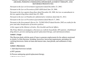 Decision No. 29/2014/QD-TTg credit for households hiv patients rehabilitated drug abusers reformed prostitutes