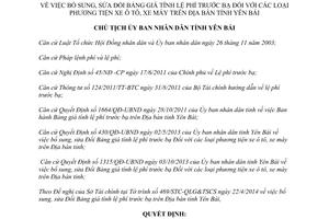 Quyết định 579/QĐ-UBND năm 2014 bổ sung Bảng giá tính lệ phí trước bạ xe ô tô xe máy Yên Bái