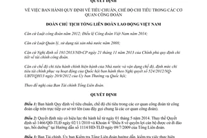 Quyết định 502/QĐ-TLĐ năm 2014 tiêu chuẩn chế độ chi tiêu trong cơ quan công đoàn