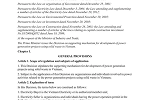 Decision No. 31/2014/QD-TTg supporting for development of power generation projects using solid waste