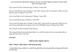 Quyết định 31/2014/QĐ-TTg hỗ trợ phát triển dự án phát điện sử dụng chất thải rắn