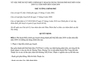 Quyết định 649/QĐ-TTg 2014 phê duyệt quy hoạch chung thành phố Huế đến 2030 tầm nhìn 2050