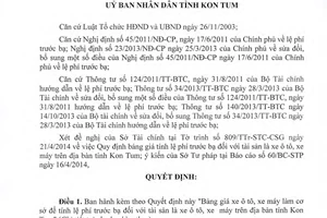 Quyết định 28/2014/QĐ-UBND bảng giá tính lệ phí trước bạ xe ô tô xe máy Kon Tum