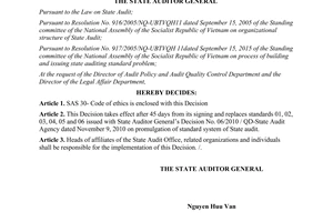 Decision No. 01/2014/QD-KTNN promulgating state auditing standard No.30 code of ethics