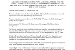 Circular No. 05/2014/TT-BXD amending regulation on use management of condominiums promulgated 08/2008/QD-BXD