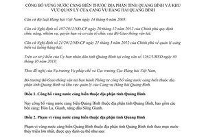 Thông tư 13/2014/TT-BGTVT vùng nước cảng biển khu vực quản lý Cảng vụ Quảng Bình