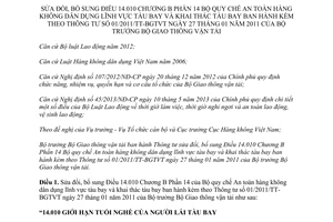 Thông tư 14/2014/TT-BGTVT sửa đổi 01/2011/TT-BGTVT quy chế An toàn hàng không dân dụng tàu bay