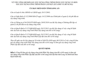 Quyết định 1524/QĐ-UBND 2014 công bố đơn giá xây dựng công trình Phần Xây dựng Phần Lắp đặt Long An