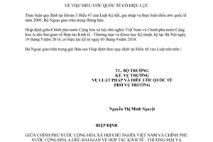 Thông báo hiệu lực Hiệp định Hợp tác Kinh tế Thương mại Khoa học Kỹ thuật Việt Nam A-déc-bai-gian