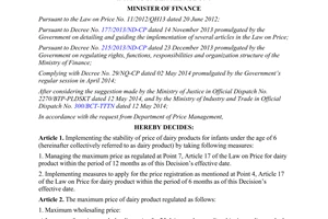 Decision No. 1079/QD-BTC 2014 measures to stabilize price of dairy products for infants under the age of 6