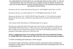 Circular No. 14/2014/TT-NHNN amendments 493/2005/QD-NHNN classification of debts setting up