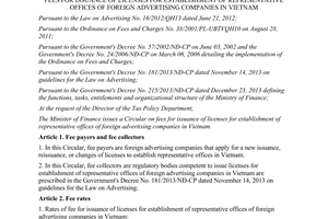 Circular No. 66/2014/TT-BTC licenses for establishment of representative offices of foreign advertising companies