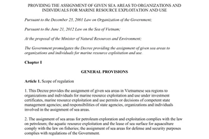 Decree No. 51/2014/ND-CP providing the assignment of given sea areas for marine resource exploitation use