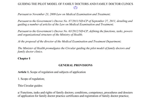 Circular No. 16/2014/TT-BYT guiding the pilot model of family doctors and family doctor clinics