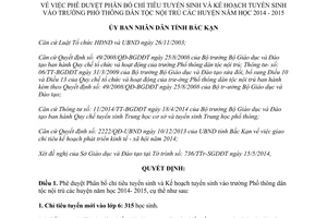 Quyết định 834/QĐ-UBND chỉ tiêu tuyển sinh trường Phổ thông dân tộc nội trú 2014-2015 Bắc Kạn