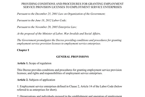 Decree No. 52/2014/ND-CP conditions and procedures for granting employment service provision licenses