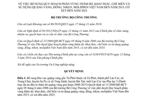 Quyết định 4579/QĐ-BCT năm 2014 bổ sung Quy hoạch khai thác quặng vàng đồng niken molipđen