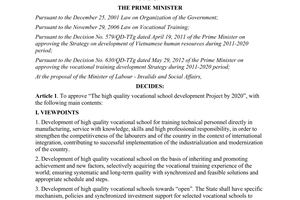 Decision No. 761/QD-TTg 2014 The high quality vocational school development project by 2020
