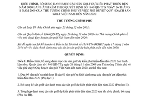 Quyết định 795/QĐ-TTg 2014 điều chỉnh danh mục sân golf phát triển đến 2020 theo 1946/QĐ-TTg