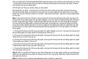 Thông tư 12/2014/TT-BLĐTBXH khung trình độ trung cấp cao đẳng nghề Khách sạn du lịch thể thao máy tính